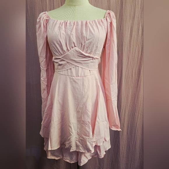 Off The Shoulder Lantern Long Sleeve Ruffle Tie Mini Romper, Light Pink - XL - Picture 4 of 10